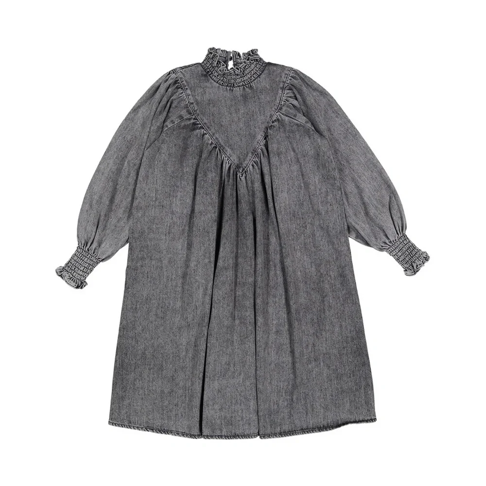 Petite Amalie Girls’ Black Wash Chambray Shirred Neck Babydoll Dress—5Y